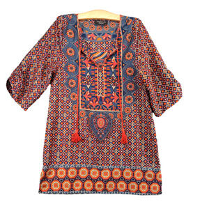 Feathers by Tolani Womens Tunic Top Multi XS 3/4 Sleeve Tassel Tie Neck Boho